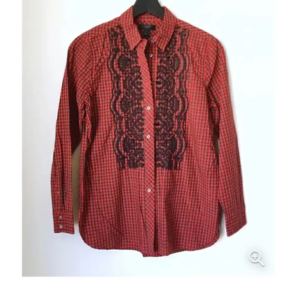 J.Crew Red Embellished Plaid Button Down